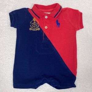 Ralph Lauren red navy number 3 polo player summer romper 3m
